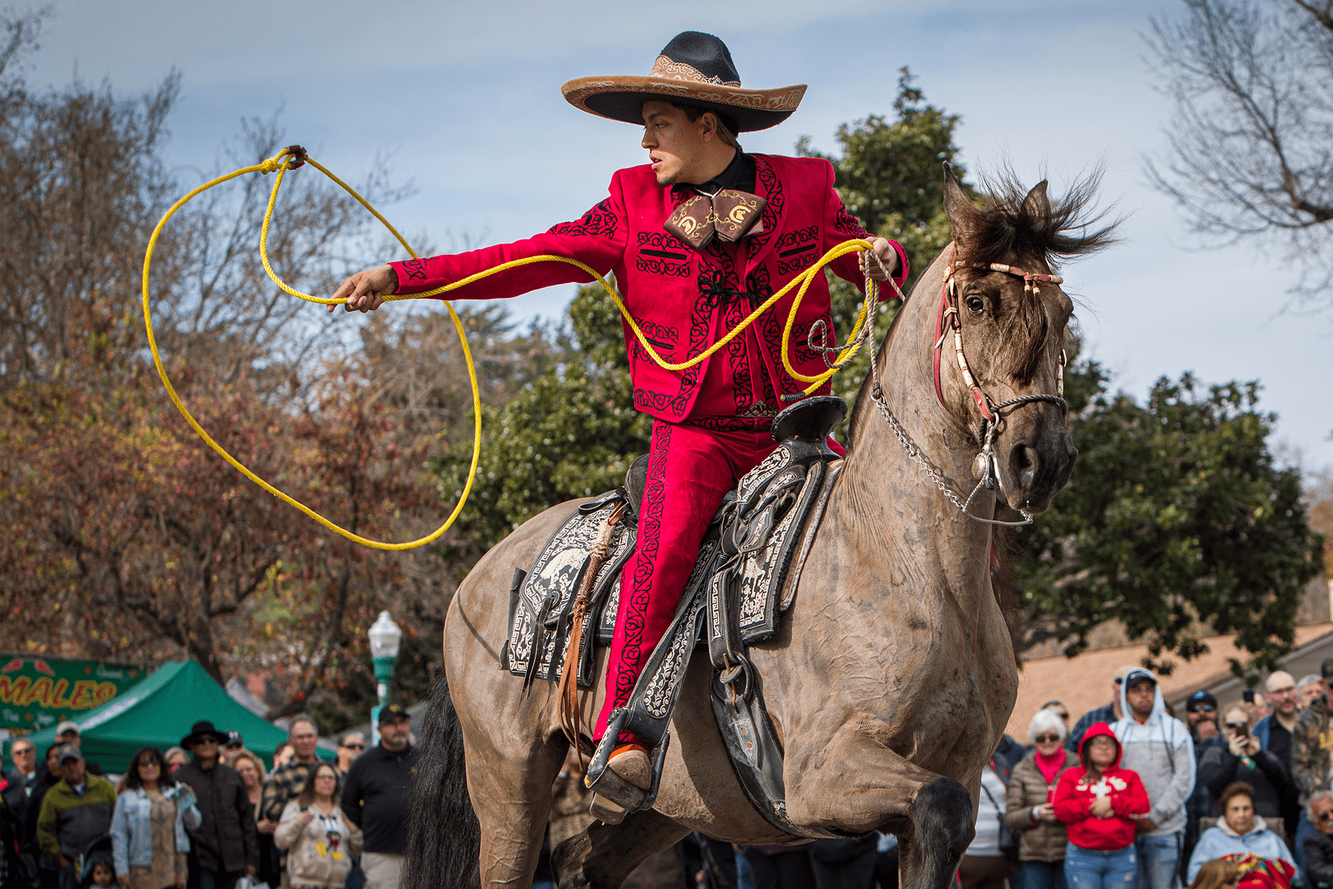 Image of rider atop a dancing horse swinging a lasso.  - Photo by Rick Evans